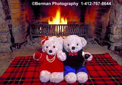 Romantic Teddy Bear couple spending the evening in front of the fire 