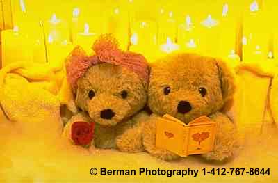 Romantic Teddy Bear couple sipping champagne in a bubble bath by candlelight. While spending a romantic teddy bear weekend together, this teddy bear couple celebrate their love by reading love poems to each while taking a bubble bath.