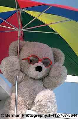 Teddy Bear at the beach under the sun umbrella.